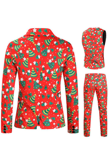 Trajes de fiesta de un botón rojos de 3 piezas estampados en Navidad para hombre